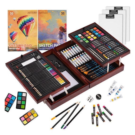 Wooden Art Kit Painting Supplies in Portable Wooden Art Case, Acrylic  Paints, Oil Pastels, Colored Pencils, Portable Art Paint 