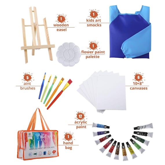 Glokers glokers kids painting supplies set - arts set with acrylic paints,  easel, paintbrushes, canvases, palettes, smock & travel st