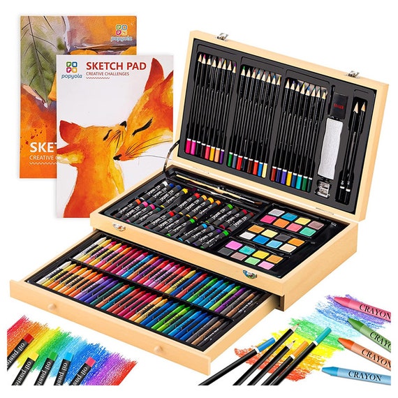 Kit de arte profesional de madera de lujo con 2 cuadernos de bocetos,  crayones, pasteles al óleo, lápices de colores, pinturas acrílicas -   España