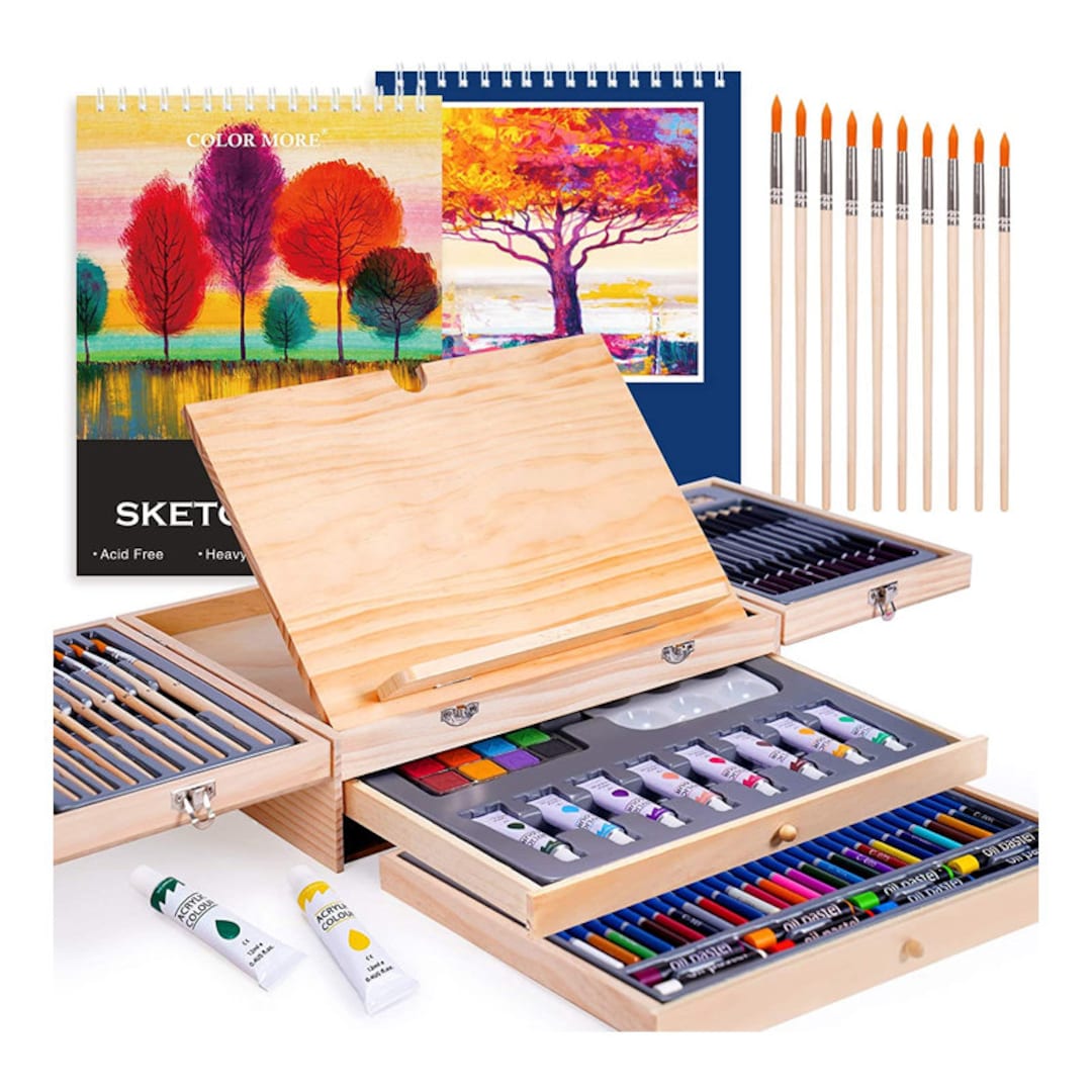 Professional Art Set 85 Piece with 3 x 50 Page Drawing Pad, Deluxe Art Set  in Portable Wooden Case-Painting & Drawing Set Professional Art Kit for