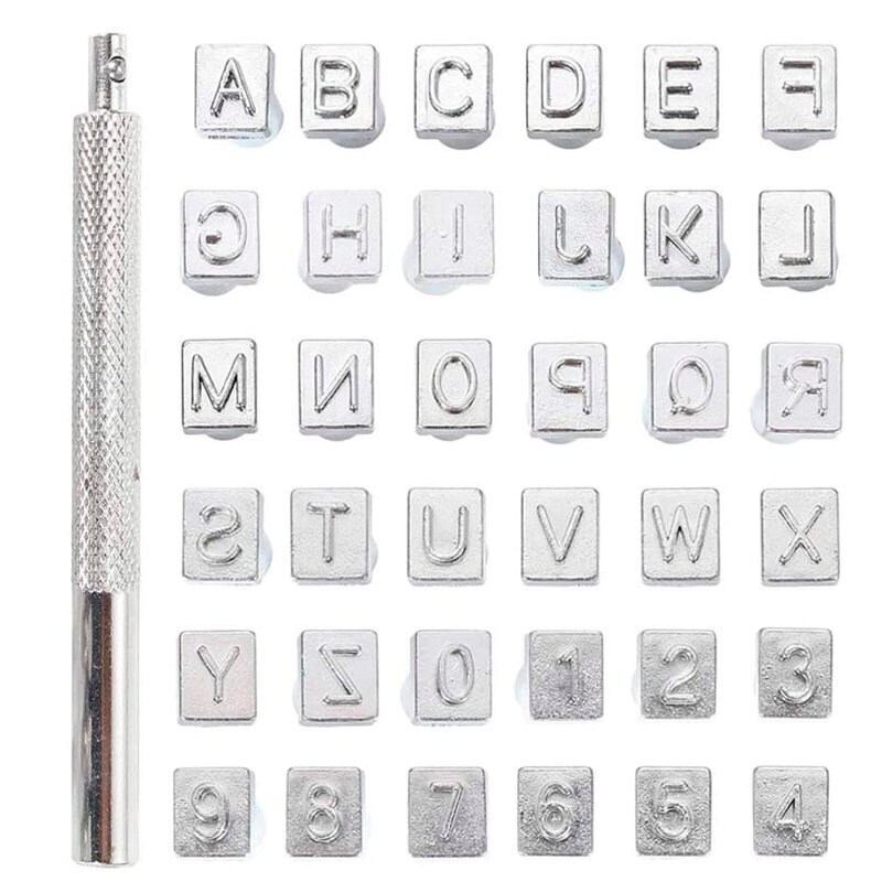 Kyoshin Elle Leathercraft A-Z Stamping Tool 4mmx4mm 26-Piece Courier Font Alphabet Letter Stamp Set, for Leatherwork & PMC Silver Art Clay