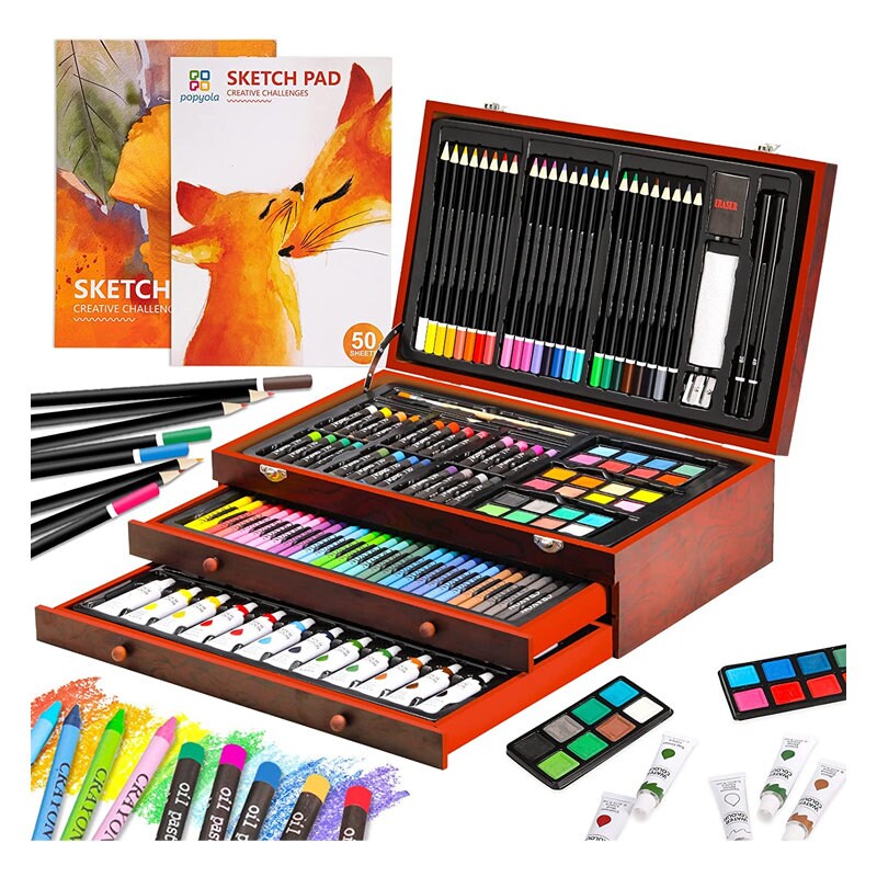 Art Supplies, 185-Piece Super Deluxe Wooden Art Set Crafts Drawing Kit with  2 Sketch Pads, Crayons, Oil Pastels, Colored Pencils, Watercolor Cakes