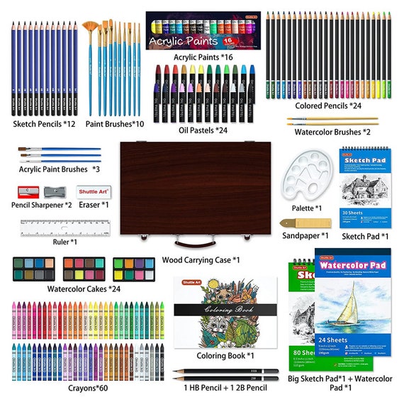 186 Piece Deluxe Art Set, Art Supplies in Wooden Case, Painting Drawing Art  Kit With Acrylic Paint Pencils Oil Pastels Watercolor Cakes 