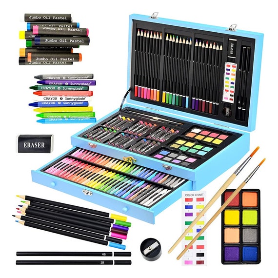 Wooden Art Box & Drawing Kit With Crayons, Oil Pastels, Colored Pencils,  Watercolor Cakes, Sketch Pencils, Paint Brush, Sharpener, Eraser 