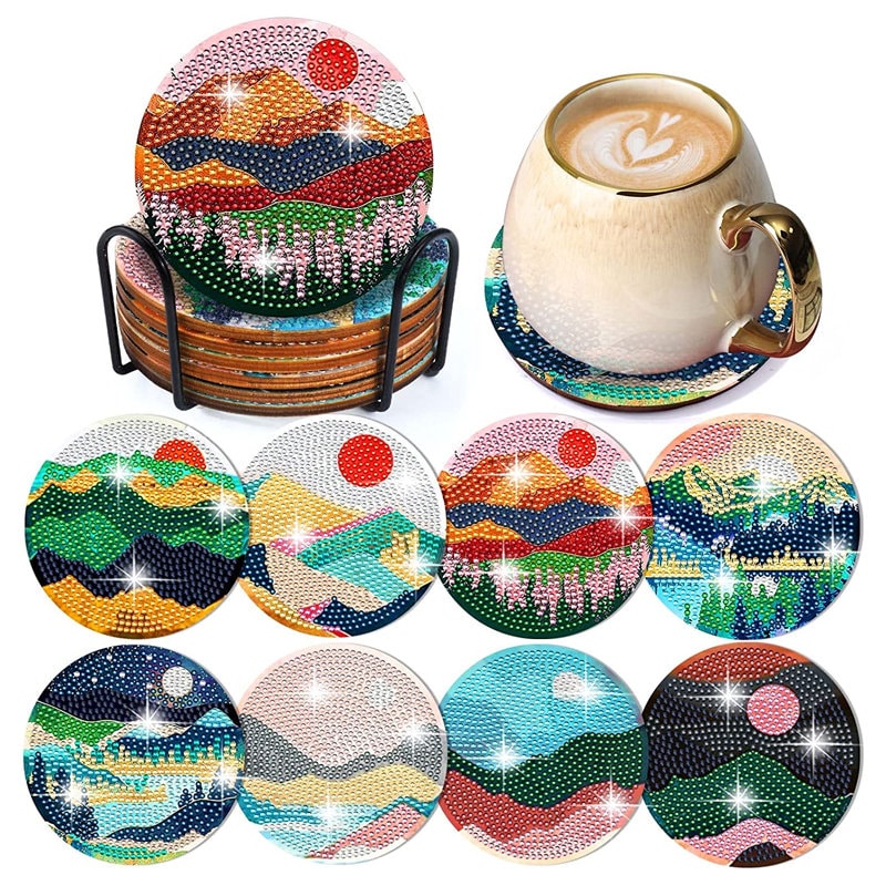 8 Pcs Diamond Painting Coasters With Holder,diy Abstract Landscape