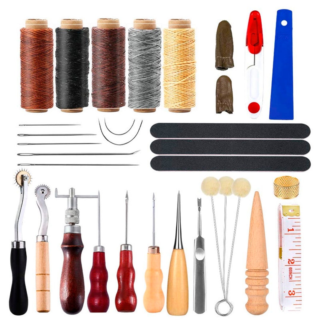 Kit de herramientas de cuero de 34 piezas, herramientas de trabajo de cuero  y suministros, kit de costura de cuero con hilo de cuero, agujas de coser