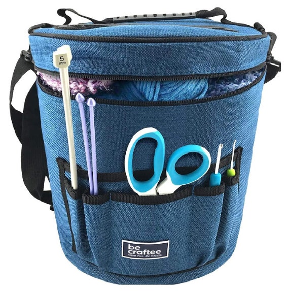 Large Craft Organizer to Store Crocheting & Knitting Supplies Portable Yarn  Storage With 7 Pockets for Tools, Shoulder Strap and Handle 