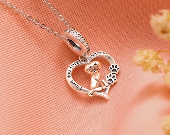 Collar de Labrador Retriever de plata de ley 925, regalo personalizado para amantes de los perros - Corazón conmemorativo por la pérdida de una mascota