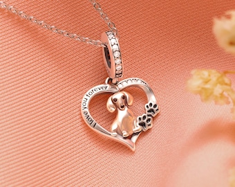 Collar con colgante de corazón de perro salchicha en plata de ley 925, regalo personalizado para amantes de los perros salchicha o recuerdo para mascotas.