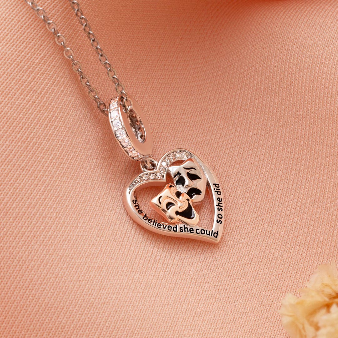 Comedy and Tragedy Theatre Masks Necklace, 925 Sterling Silver & Rose ...