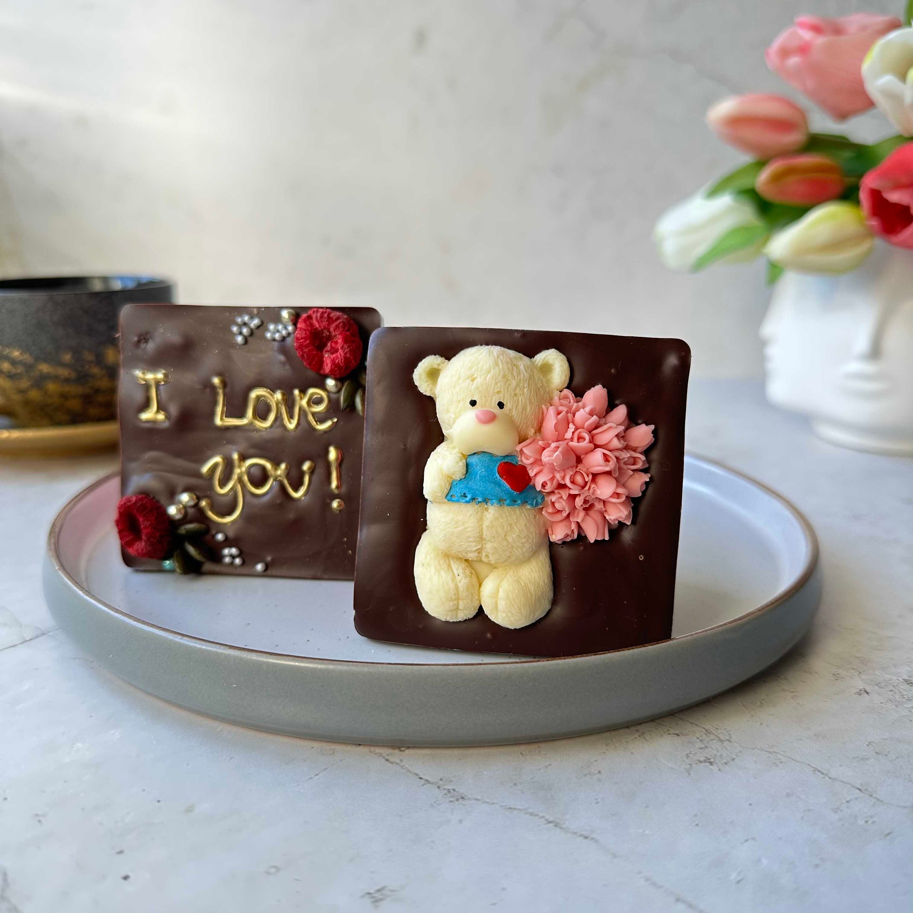 Flowers with teddy bear and chocolates discount