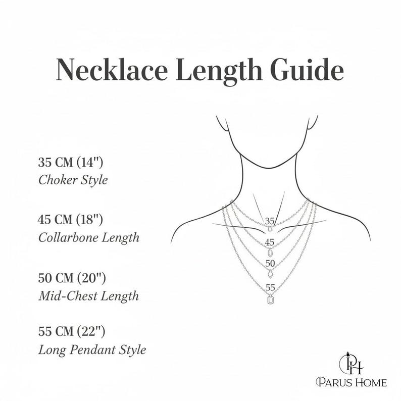 Puede incluir: Un diagrama que ilustra las longitudes de los collares, con medidas en cent&iacute;metros y pulgadas. La gu&iacute;a muestra estilos de collares: gargantilla (35 cm/14"), hueso del cuello (45 cm/18"), mitad del pecho (50 cm/20") y colgante largo (55 cm/22").