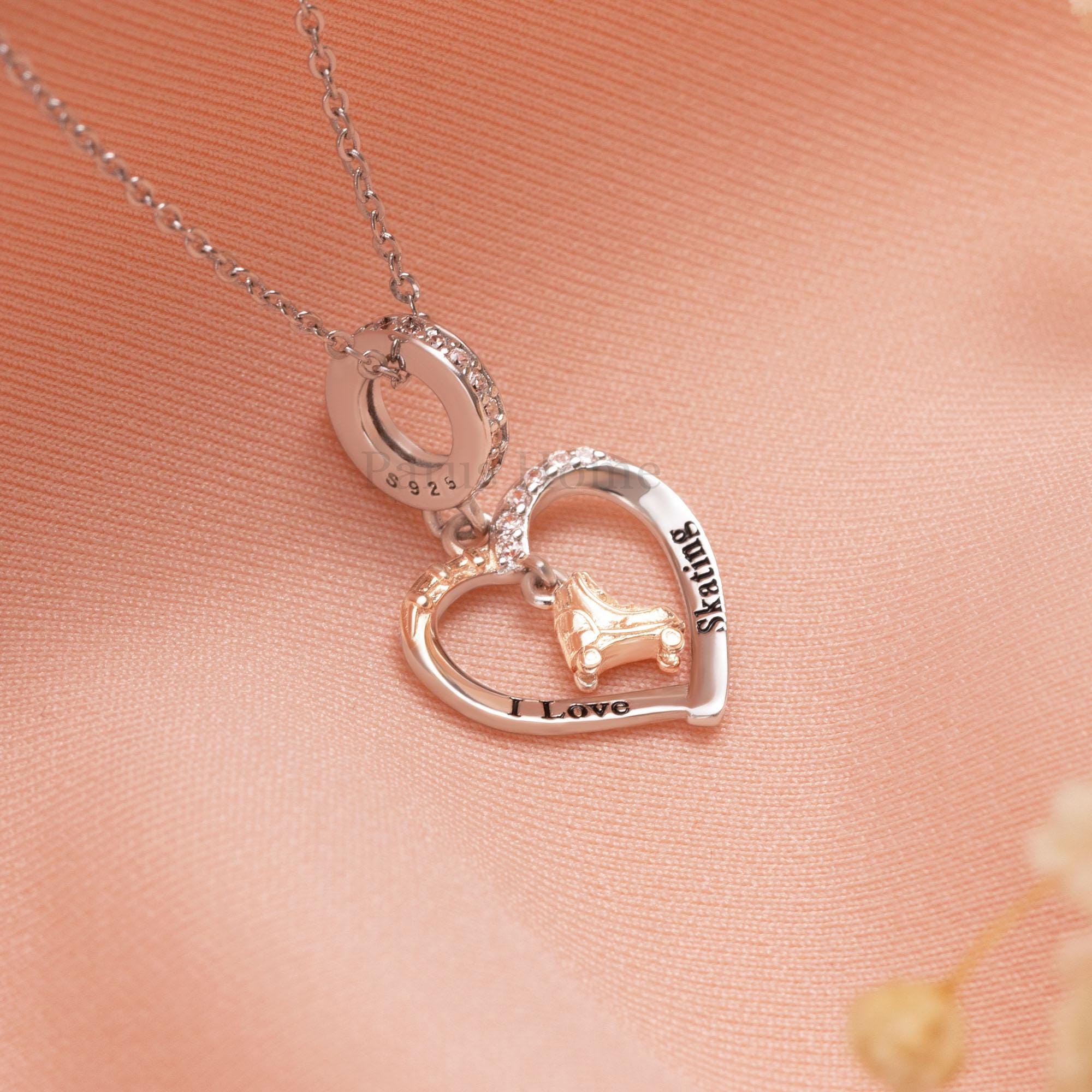 Roller Skater Necklace – Sterling Silver Sports Pendant, I Love Skating CZ Jewellery, Personalised Birthday Gift