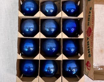 Vintage Blue Shiney Brite Ornaments Box Set of 12