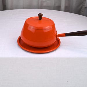 Vintage Mid Century Modern Flame Orange Japanese Fondue Pot Teak Wood Handles