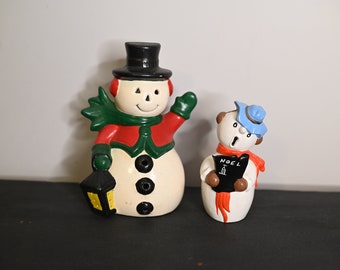 Vintage ceramic snowman set of two, lantern, Christmas, noel