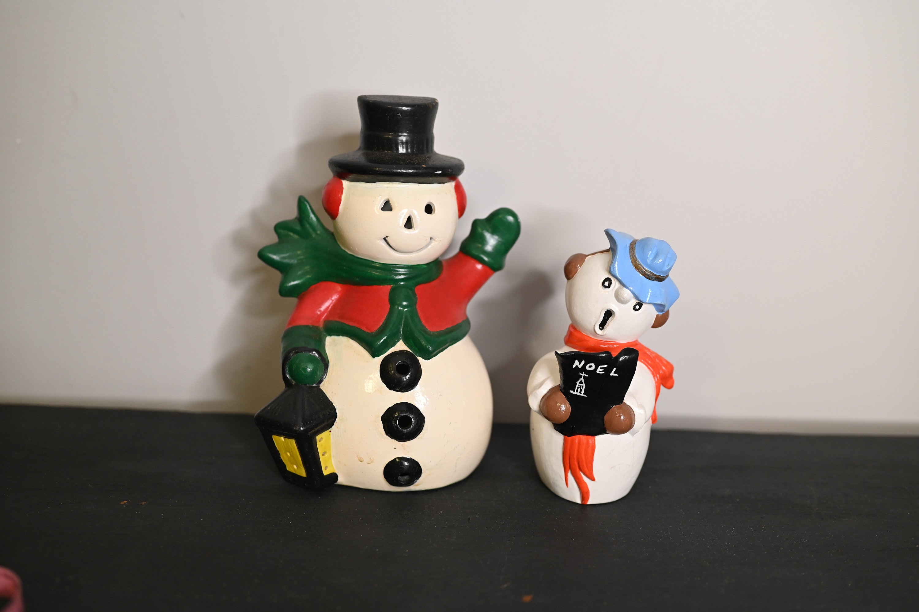 ヴィンテージ セラミック スノーマン 2 個セット、ランタン