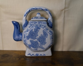 Vintage Chinese Octagon White and Blue Floral Teapot