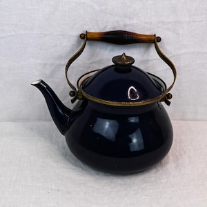 May include: A dark blue enamel teapot with a wooden handle and brass accents. The teapot has a round body and a spout on the side.