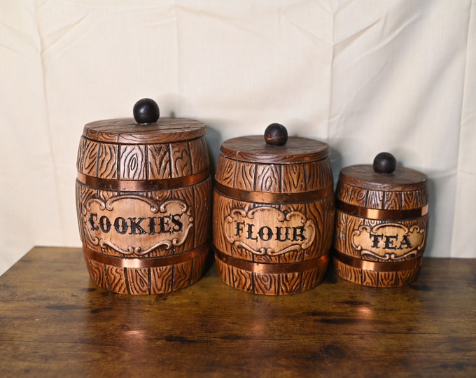 Vintage 1960s Treasure Craft Barrel Canister Set Etsy
