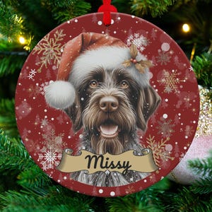 May include: Circular Christmas decoration with a dog wearing a Santa hat. The ornament has a red background with snowflakes and the name "Missy" on a banner. The dog has brown and white fur.
