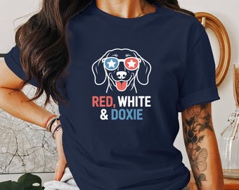 Patriotic Dachshund T-Shirt, Red White and Doxie, USA Flag Sunglasses, 4th of July, Dog Lover Gift, American Pride Tee