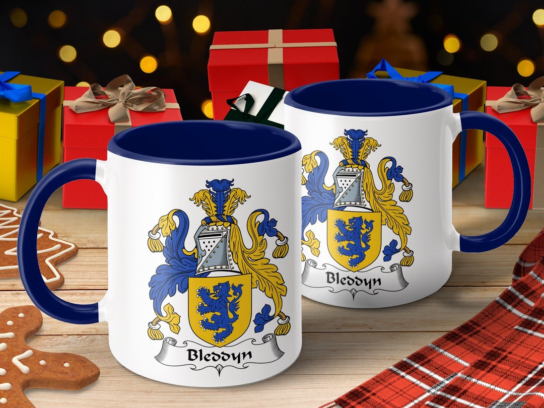 Custom Heraldic Lion Crest Mug, Blue and Gold English Surname Blevins