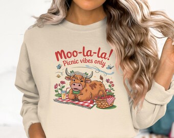 Moo-la-la picnic vibes only t-shirt, comfort colors highland cow shirt, cute cow tee, fun picnic shirt, gildan sweatshirt