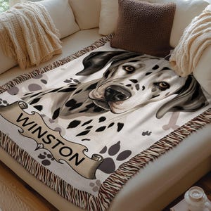 Dalmatian custom dog name blanket, personalized dog lover gift, pet portrait blanket, unique pet owner present, custom dog blanket