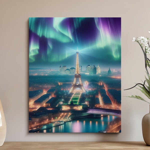 Aurora Borealis Over Paris, Eiffel Tower Night Sky, Northern Lights Cityscape, Large Wall Art Print