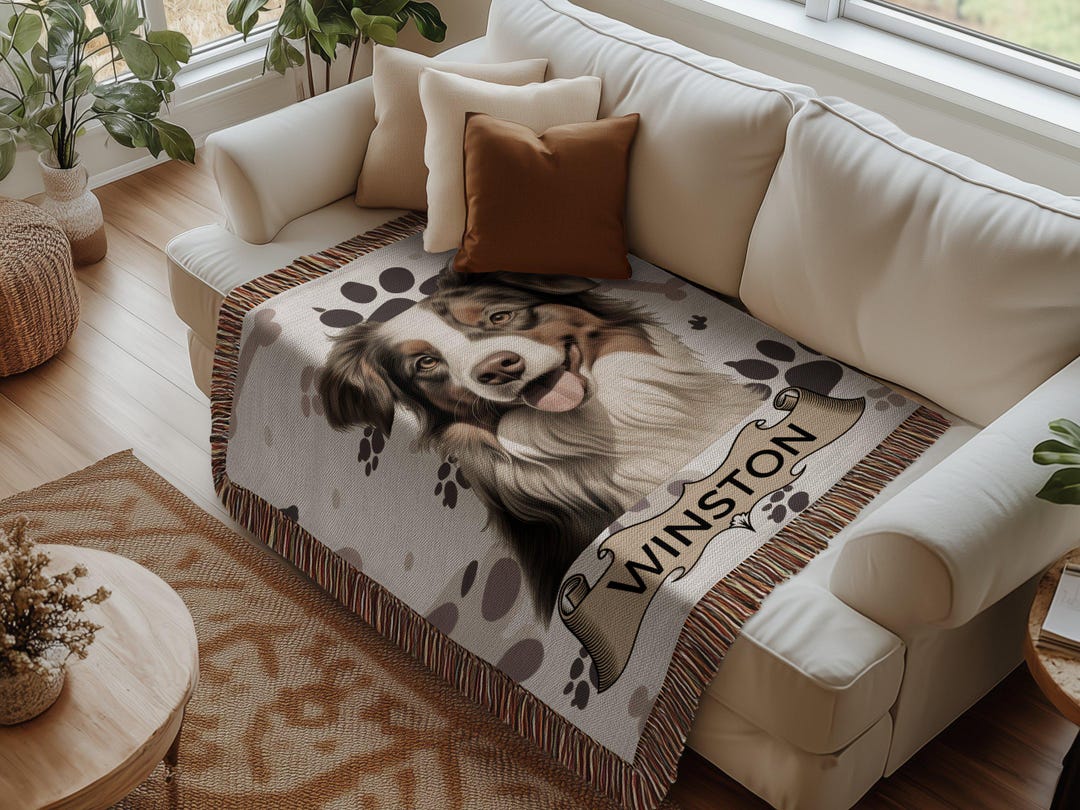 【新品】DOG (20犬種)柄 ラグ/カバー MADE IN U.S.A American Shepherd Blanket: Custom Dog Name, Woven Cotton Pet Throw