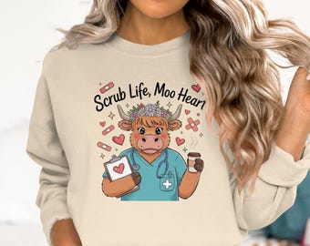 Scrub Life Moo Heart T-shirt, Comfort Colors Highland Cow T-shirts, Cute Nurse Cow Sweatshirt, Gildan Sweatshirts for Nurses