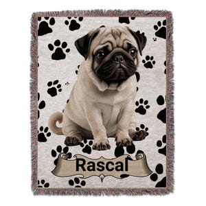Pug Dog Custom Name Woven Blanket, Personalized Pet Gift, Cozy Dog Lover Throw, Adorable Pug Design, Unique Home Decor, Customized Blanket