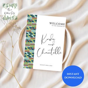 Grüne Kente-Willkommensinformationskarten, Auftrag der Ereignisse, kundenspezifische druckbare Hochzeitskarten, Hochzeitsschablone, afrikanisches Thema, ghanaisches Zeichen