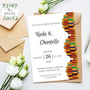 Biglietti d'invito Kente, Savd the date, Biglietti di nozze stampabili personalizzati, Modello di matrimonio, Tema africano, Segno ghanese, Biglietti RSVP