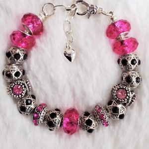 Hot Pink European Style Bracelet, Beaded Bracelet, Snake Chain Bracelet, Gifts for Women, Teen Girls