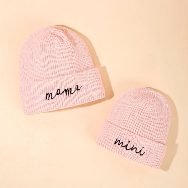 2pc Casual Mama Mini Pink Knit Cap Hat Set Mother Daughter Adult Child Toddler Girls Skull Cap Beanie