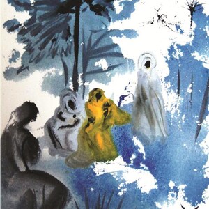 May include: A watercolor painting of four figures in a forest setting. The figures are painted in shades of white, gray, yellow, and black. The background is a blue and white wash with hints of green.