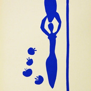 Puede incluir: Una silueta azul de una persona sosteniendo un jarrón por encima de su cabeza, con cuatro siluetas azules de flores cayendo del jarrón. Una línea vertical azul se encuentra en el lado derecho de la imagen.