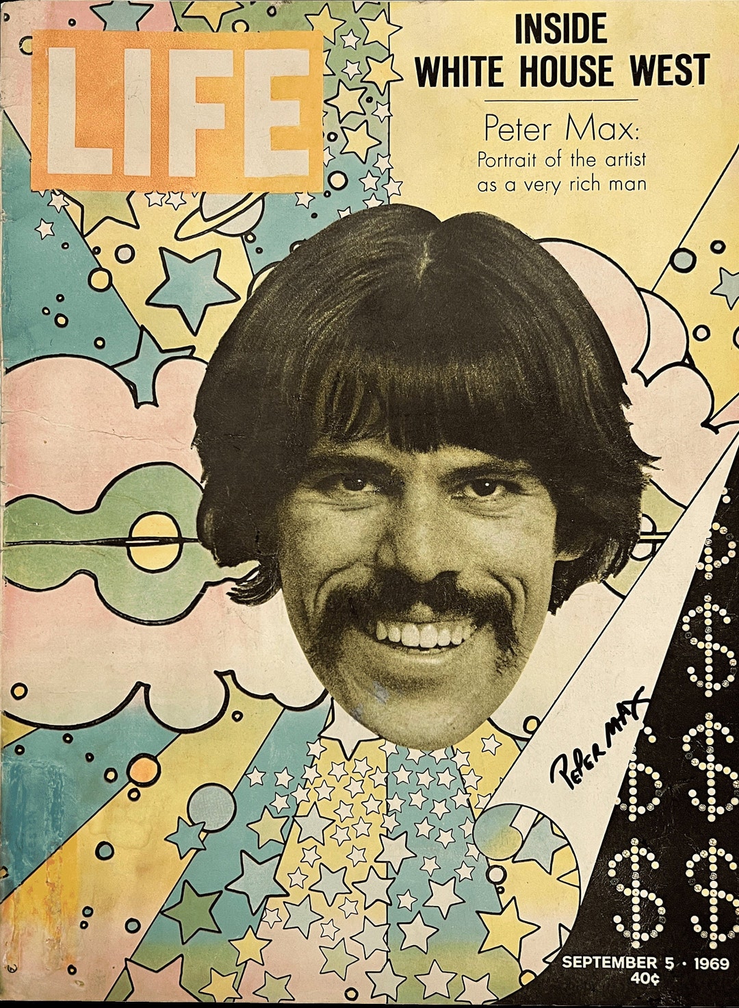 【待望★】 Peter Max Life Magazine Cover Pop Art Beatles 1969 Framed ミュージシャン