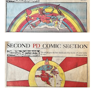 May include: A vintage newspaper comic strip featuring a psychedelic illustration of a person with a rainbow background. The text reads "MEDITATION peter max" and "Your pain is the breaking of the shell that encloses your understanding." - Kahlil Gibran.