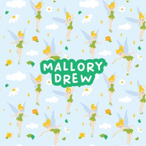May include: A repeating pattern on a light blue background featuring cartoon fairies with yellow hair, green dresses, and blue wings. The fairies are interspersed with white daisies, yellow flowers, green leaves, and clouds. The text "MALLORY DREW" is in green.