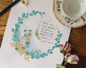 Jane Austen Quote Watercolor Painting: "There are many forms of love as there are moments in time."