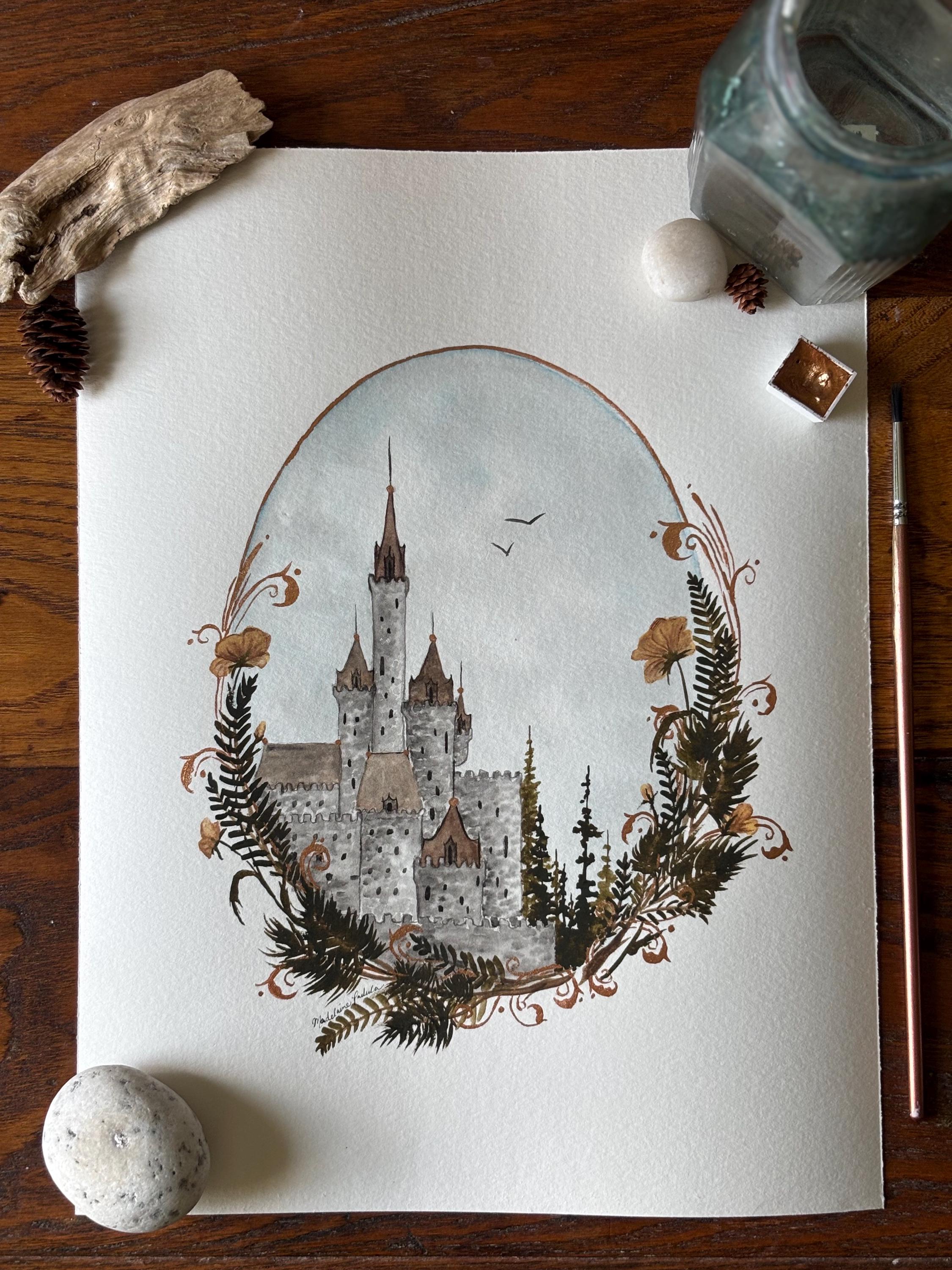 Fairytale Castle Glitter Watercolor Painting | Botanical Filigree Art ...