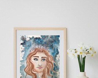 Print of Original Moody Moon Goddess | Celestial Watercolor Painting | Wall Art | Witchy Gift