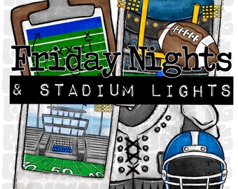Friday Nights & Stadium Lights ~ Blue Football Spirit Wear Sublimation png, gebleekt T-shirt, sublimatieontwerp, ontwerp png,