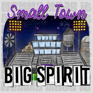 Puede incluir: Ilustraci&oacute;n digital que representa una escena nocturna con un estadio, una torre de agua y un molino de viento. Las palabras "Small Town" est&aacute;n en escritura p&uacute;rpura encima del estadio, y "Big Spirit" en letras de bloque en negrita debajo.