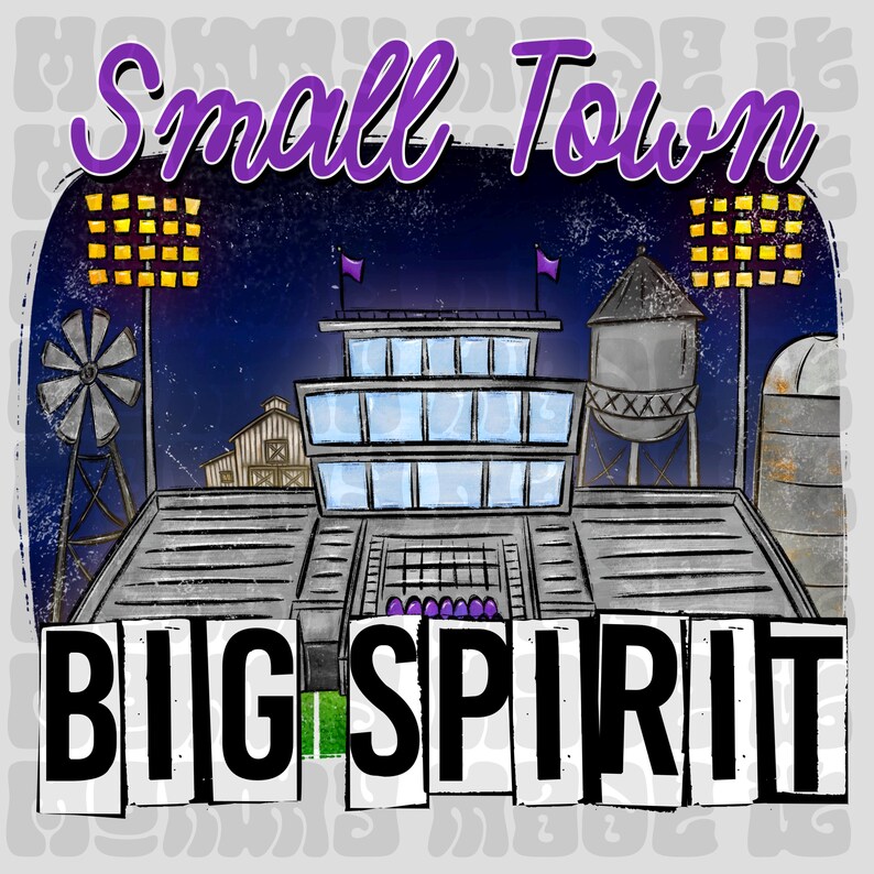 Puede incluir: Ilustraci&oacute;n digital que representa una escena nocturna con un estadio, una torre de agua y un molino de viento. Las palabras "Small Town" est&aacute;n en escritura p&uacute;rpura encima del estadio, y "Big Spirit" en letras de bloque en negrita debajo.