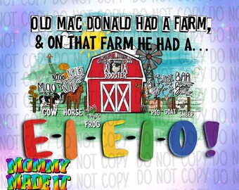 Old Macdonald Had A Farm, Nursery Rhyme, Kids Song, Png, Sublimation, Digital Design, Cow, Pig, Goat, Horse, Sheep, Frog, Digital Design