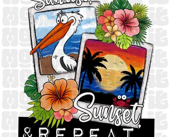 Descarga digital por sublimación PNG con diseño de cangrejo pelícano de playa, amanecer y atardecer repetidos